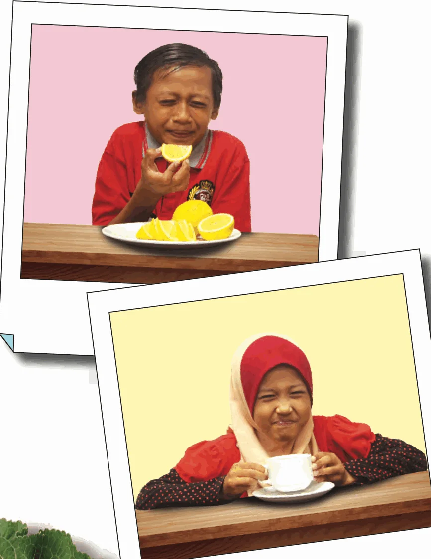 A boy tasting lemon and a girl drinking coffee without sugar, both pulling faces