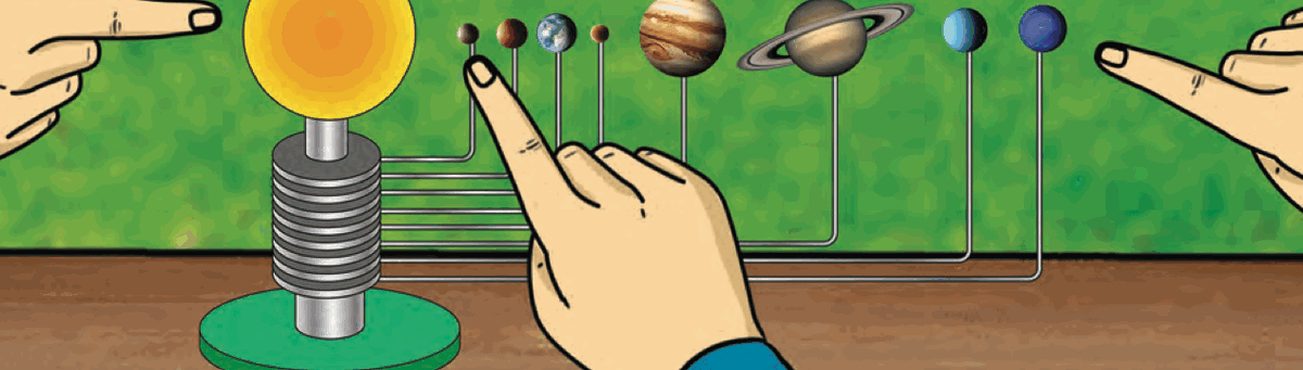Fingers point at a model with the Sun on a stand and eight planets in a row