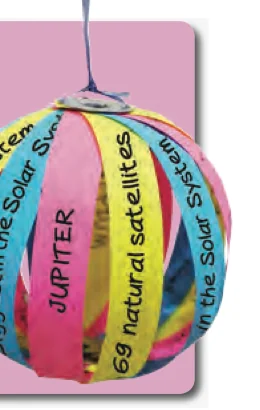 A round lantern made of coloured paper strips with planet facts