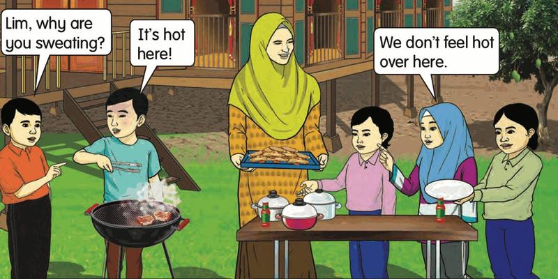 Lim cooking at a barbecue fire; his friends stand farther away at a table