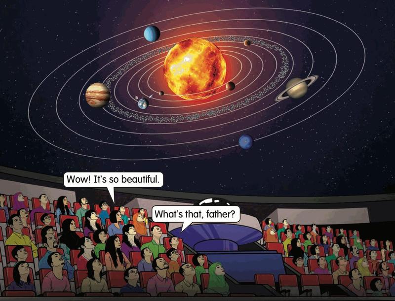 A family at the National Planetarium watching the Sun and planets on a big dome screen