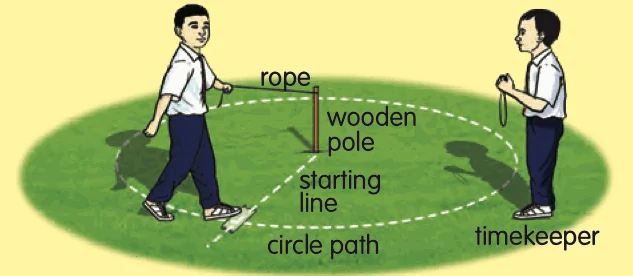 A pupil walks in a circle around a wooden pole holding a rope while a friend times him