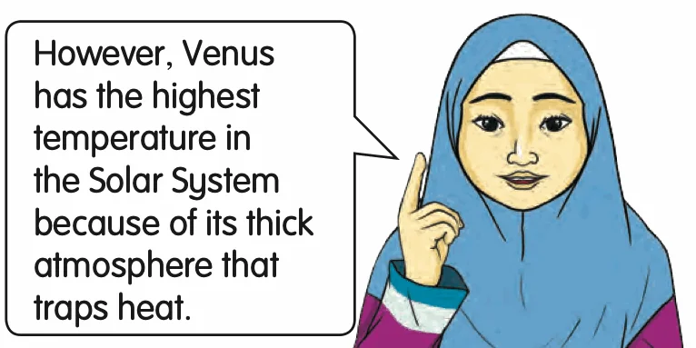 A girl explaining that Venus is the hottest planet because of its thick atmosphere