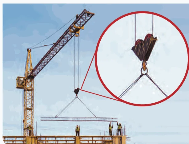 A tower crane lifts steel beams; a close-up shows the pulley and hook