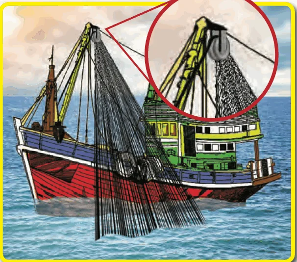 A fishing boat with pulleys on its poles pulling up nets