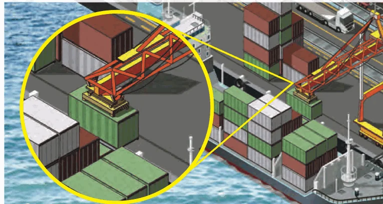 A crane at a port lifts a shipping container from a ship