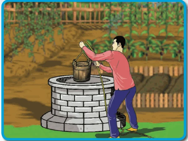 A man pulls a bucket straight up from a well with only a rope