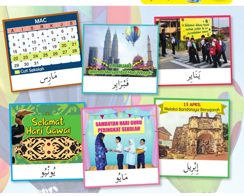 Enam kad bergambar dengan nama bulan Arab: Januari, Februari, Mac, April, Mei dan Jun