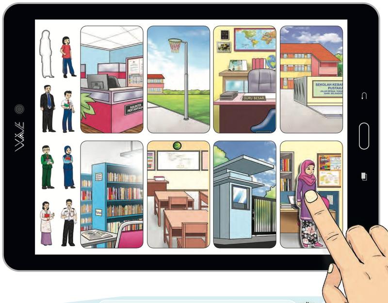 Tablet menunjukkan gambar orang di sekolah: guru besar, guru, pengawal, pustakawan dan murid, bersama bayang-bayang yang perlu dipadankan
