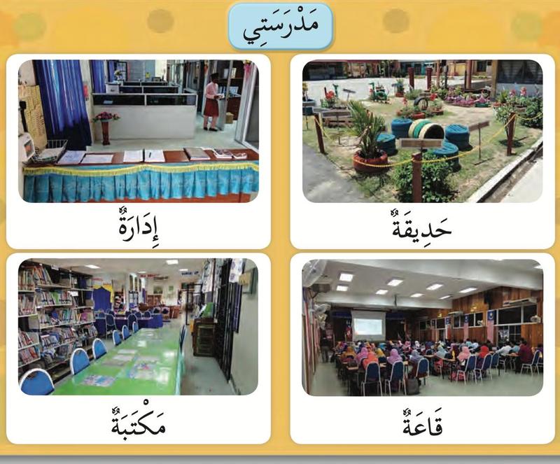 Empat gambar sekolah: pejabat, taman, perpustakaan dan dewan, dengan perkataan Arab di bawah