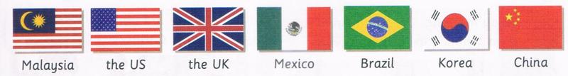 Seven flags with names: Malaysia, the US, the UK, Mexico, Brazil, Korea and China