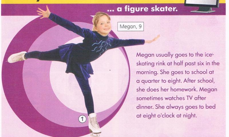Megan, 9, a figure skater, in a skating pose, with a short text about her day