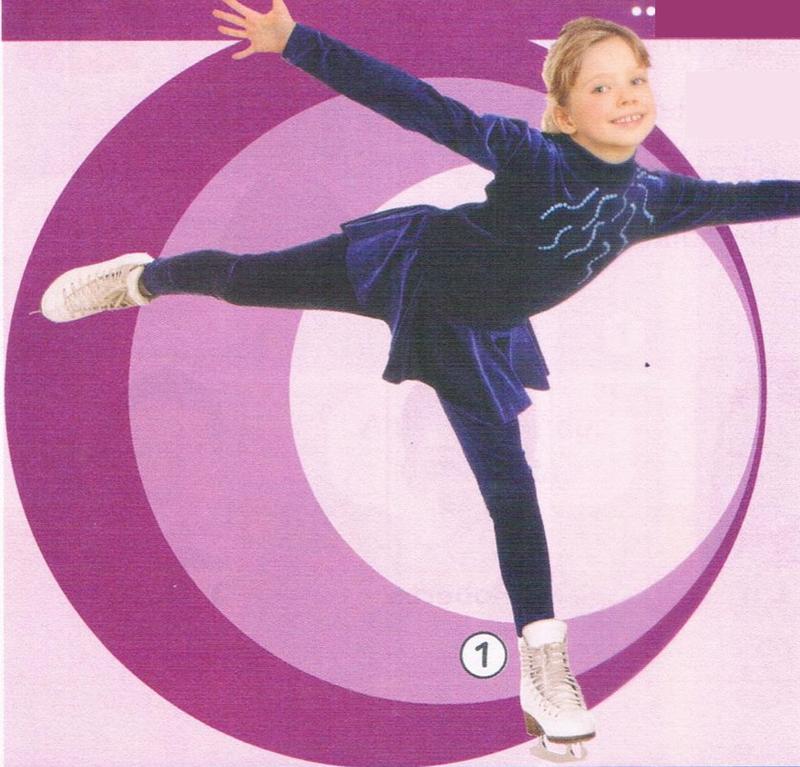 A girl in a dark outfit and ice skates, skating on one leg