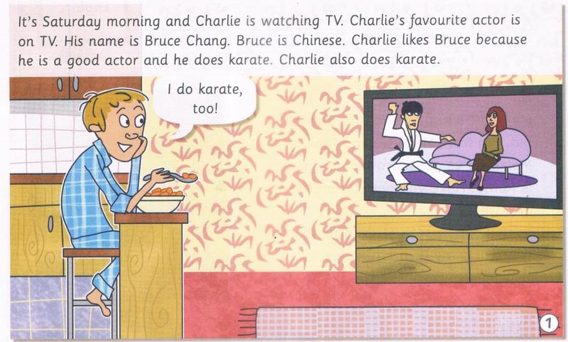 Charlie in pyjamas eats cereal at the kitchen counter and watches a karate star on TV