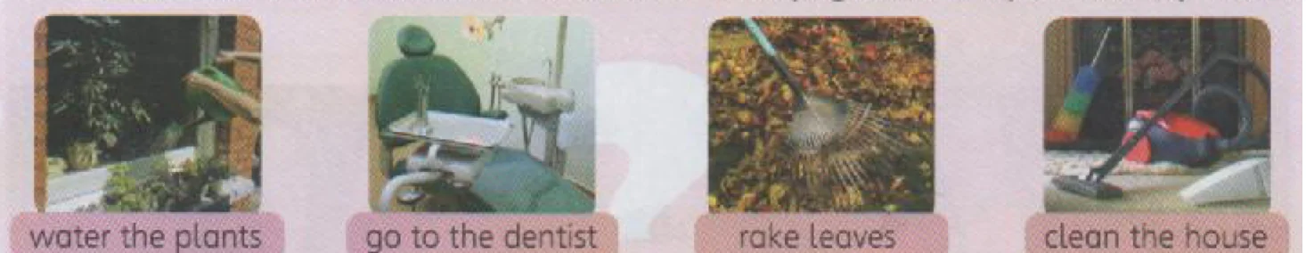 Four activity photos: water the plants, go to the dentist, rake leaves, clean the house