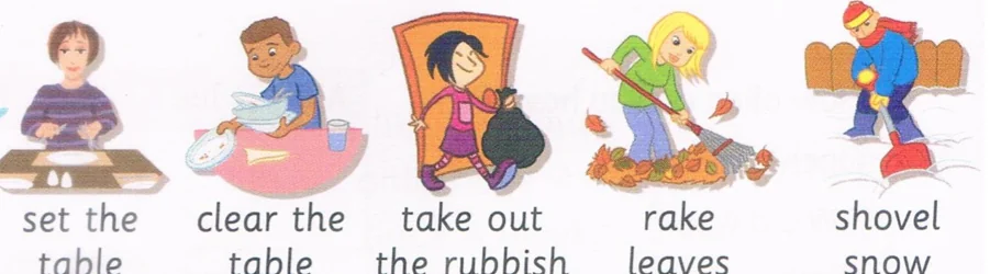 Five picture cards: set the table, clear the table, take out the rubbish, rake leaves, shovel snow