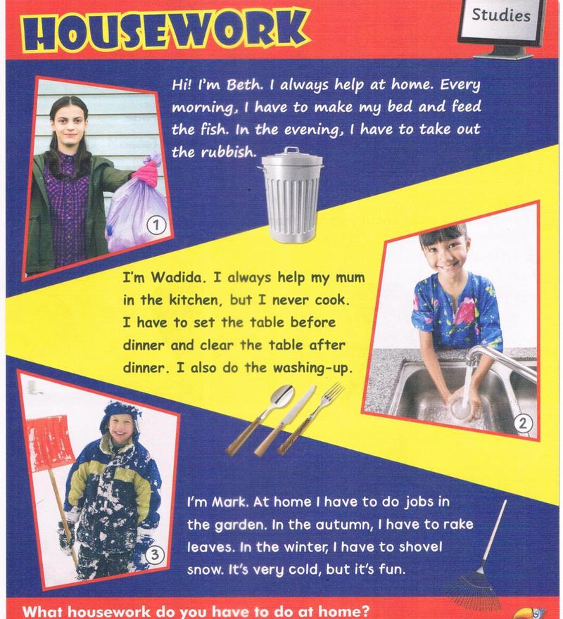 A Social Studies poster called Housework with three children: Beth carrying a rubbish bag, Wadida washing up and Mark with a snow shovel