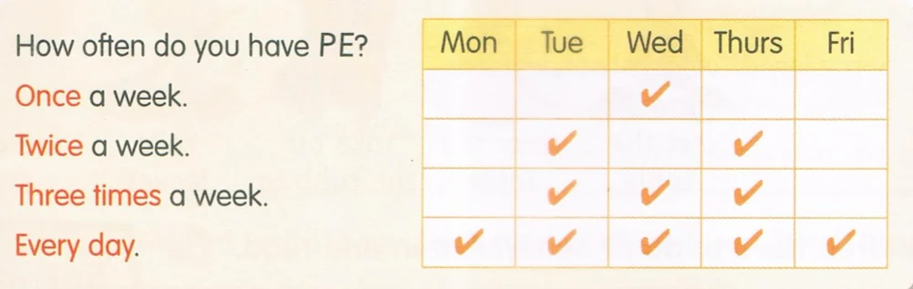 A table with Monday to Friday columns and ticks: once a week has one tick on Wednesday, twice a week has ticks on Tuesday and Thursday, three times a week has Tuesday, Wednesday and Thursday, every day has all five days