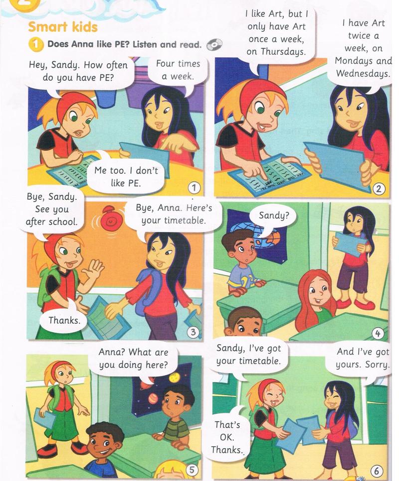 A six-picture comic: Anna asks Sandy how often she has PE; they talk about Art; they say goodbye and swap timetables; Anna and Sandy find they each have the wrong timetable