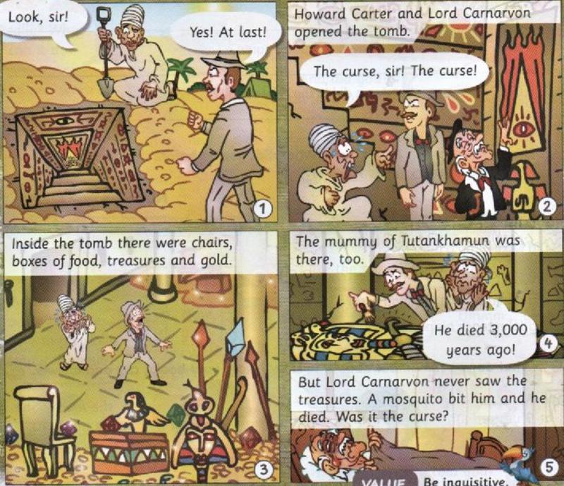 Five comic pictures: a man finds a tomb entrance, Carter opens the tomb, treasures inside, Tutankhamun's mummy, and Lord Carnarvon in bed
