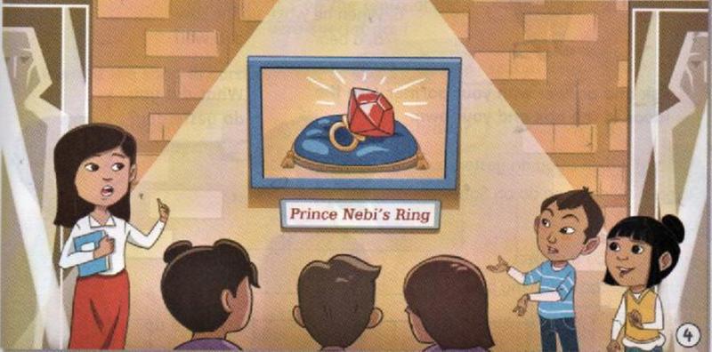 Miss Anita and the children look at a picture of a gold ring with a big red stone, labelled Prince Nebi's Ring