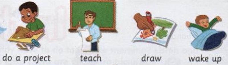 Four pictures: a boy doing a project, a man teaching at a board, a hand drawing, a boy waking up
