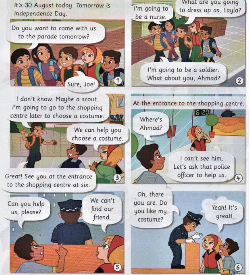 Six comic pictures: friends talk about the parade and costumes, then look for Ahmad at the shopping centre and ask a police officer for help