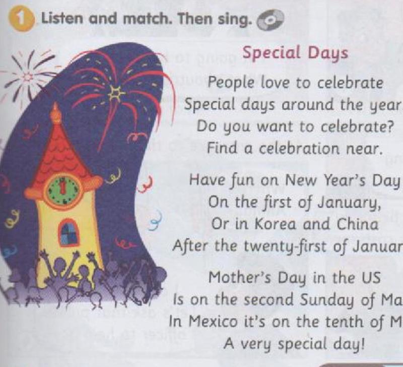 The song Special Days next to a picture of fireworks and a clock tower, and a girl and a boy giving flowers to a mum