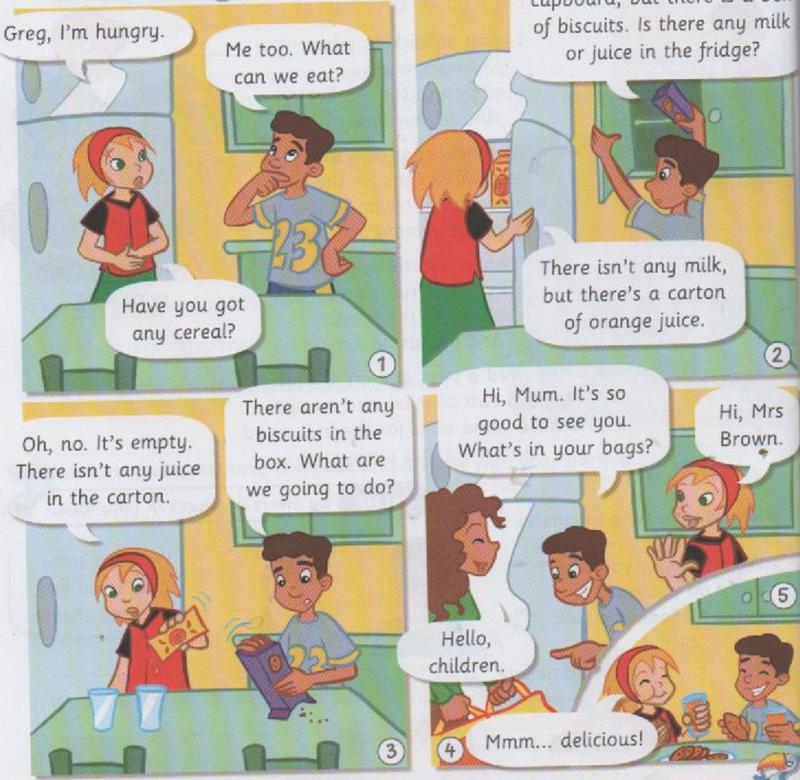Four comic pictures: Greg and Anna are hungry and look for food; the cereal box has biscuits only; the juice carton is empty; Greg's mum comes home with bags