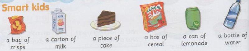Six pictures: a bag of crisps, a carton of milk, a piece of cake, a box of cereal, a can of lemonade, a bottle of water
