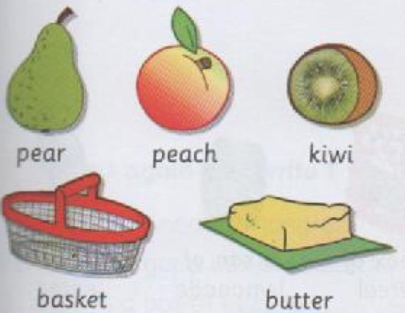 A pear, a peach and a kiwi, with a shopping basket and a block of butter