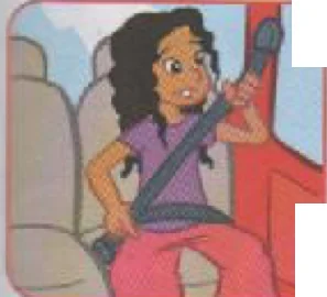 A girl in a car fastening her seat belt
