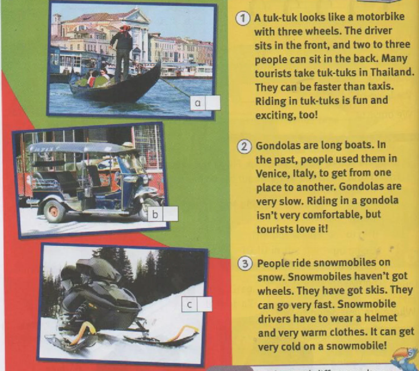 Three photos with text: a gondola on a canal in Venice, a tuk-tuk, and a snowmobile on snow