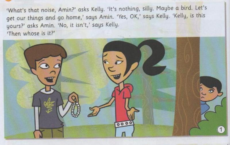 Comic picture: Amin holds up a string of beads and asks Kelly whose it is, while a little boy peeks from behind a tree
