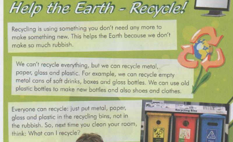 A science text called Help the Earth - Recycle, with a flower made of recycling arrows and three recycling bins