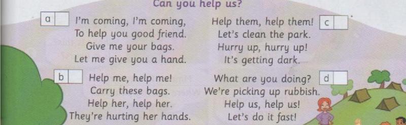 The song Can you help us? with children carrying bags and picking up rubbish in a park