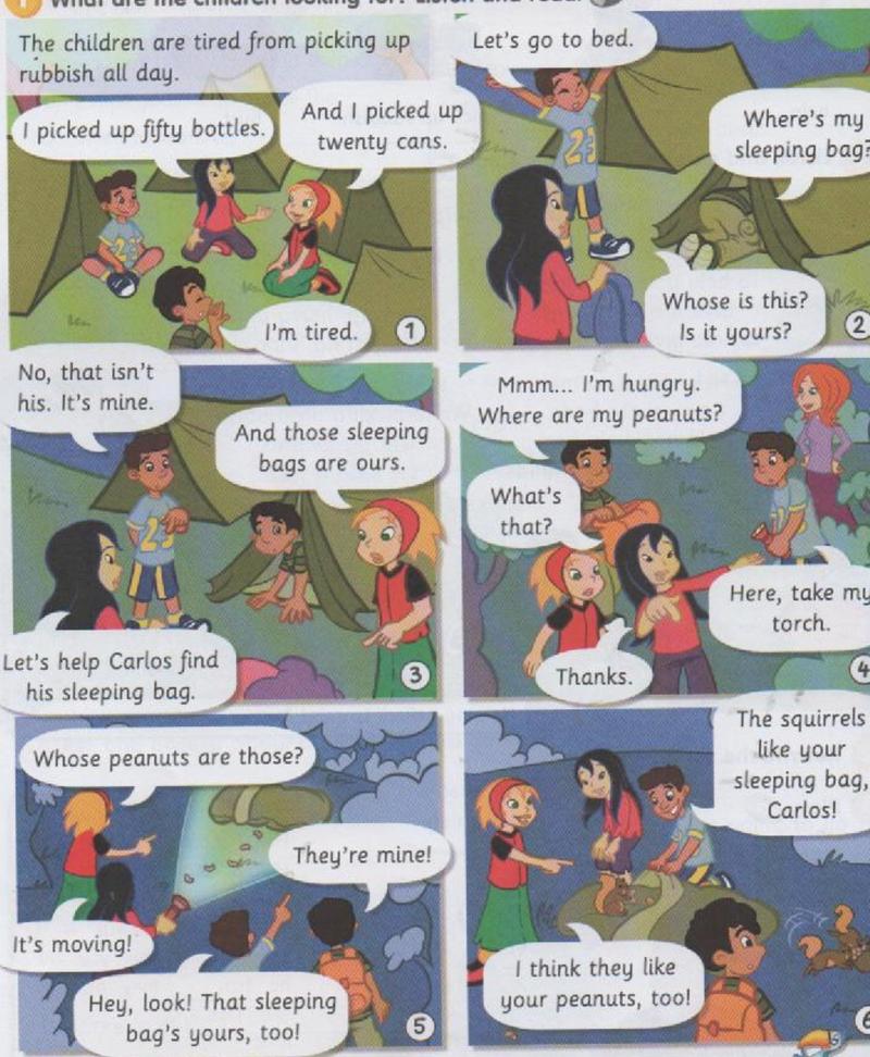 Six comic pictures of children at a camp site, looking for sleeping bags and peanuts at night, with squirrels at the end
