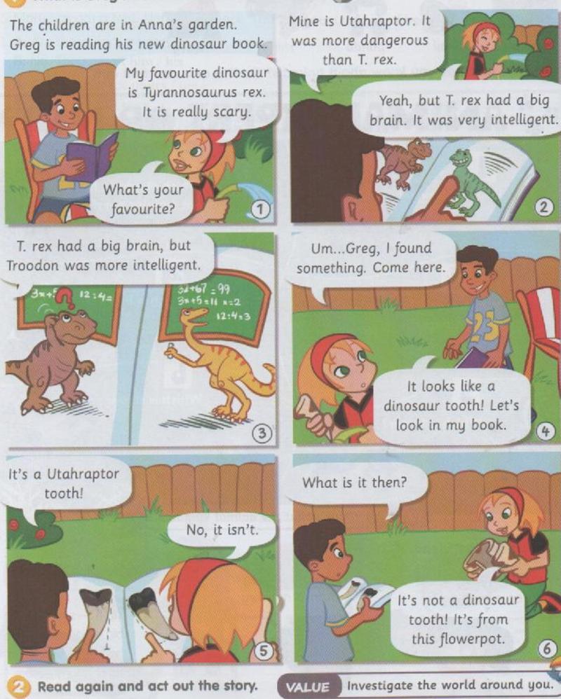 Six-picture comic: children in a garden look at a dinosaur book, then find a tooth that is really a piece of flowerpot