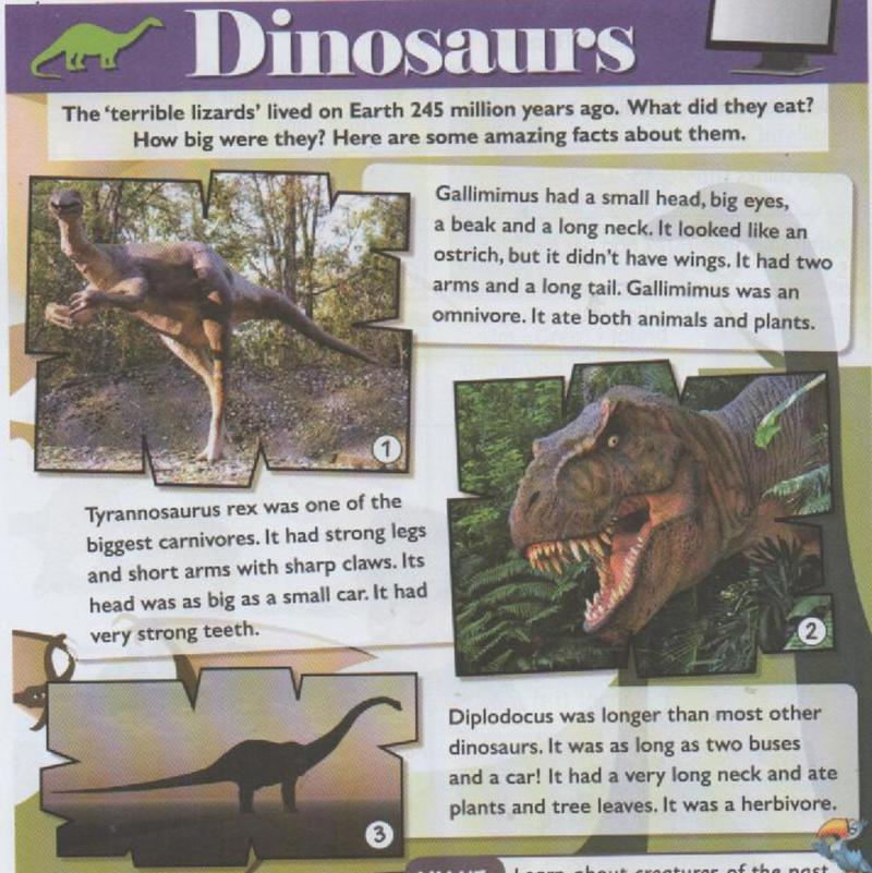 A science page with photos of Gallimimus, Tyrannosaurus rex and Diplodocus models
