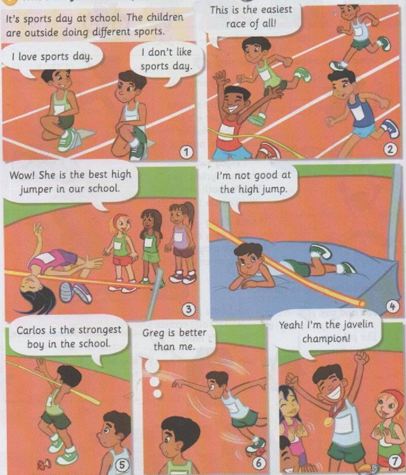 Comic of sports day: children run a race, one girl is the best high jumper, a boy is not good at the high jump, Carlos is the strongest boy, and the javelin champion wins