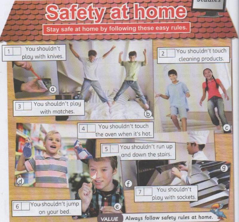 A poster Safety at home with photos of children jumping on a bed, running on stairs, playing with matches, knives and sockets