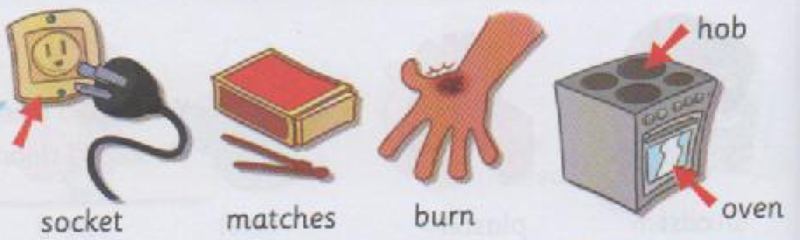 Pictures of a socket, matches, a burn on a hand, and a hob and oven