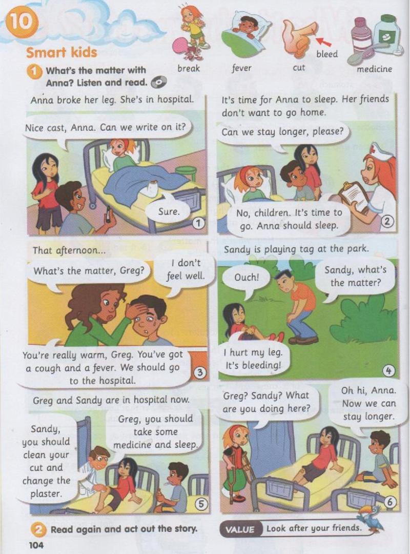 A six-picture comic: Anna with a broken leg in hospital, Greg with a fever, Sandy hurt in the park, and the friends in hospital together