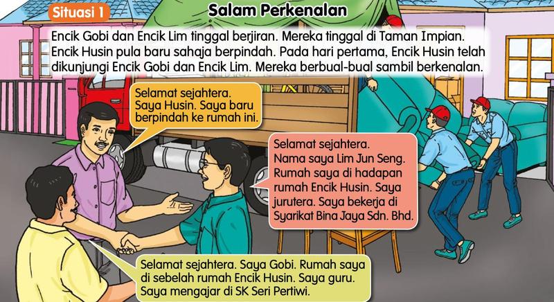 Encik Husin bersalam dengan dua orang jiran di hadapan lori pindah rumah, dengan tiga kata-kata dalam belon ucapan