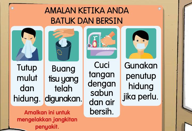 Poster empat amalan ketika batuk dan bersin: tutup mulut dan hidung, buang tisu, cuci tangan, gunakan penutup hidung