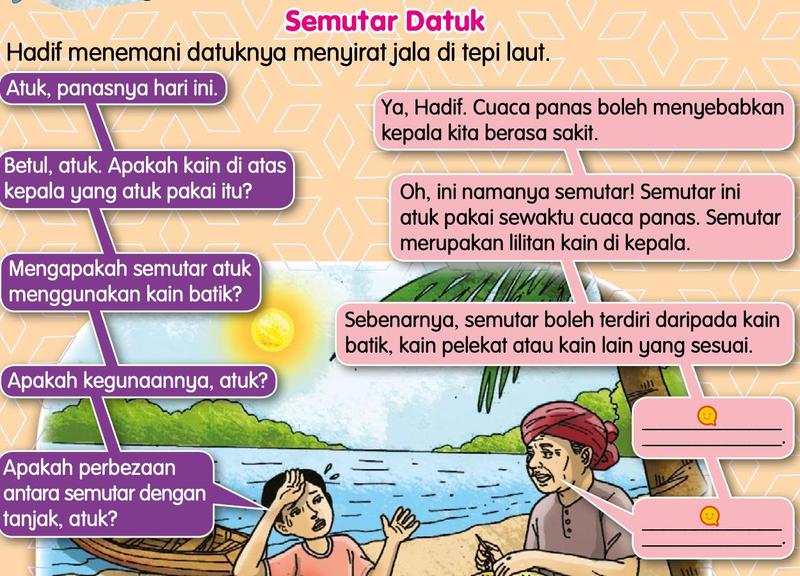 Hadif dan datuknya menyirat jala di tepi laut, datuk memakai semutar