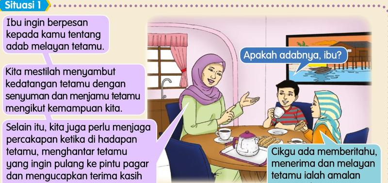 Ibu Haziq bercakap dengan anak-anaknya di meja, dan Haziq bercakap dengan cikgu di kelas