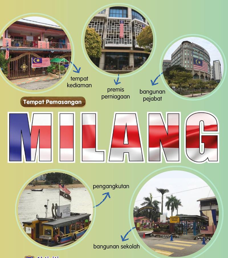 Lima gambar: rumah, premis perniagaan, bangunan pejabat, bot dan bangunan sekolah dengan Jalur Gemilang