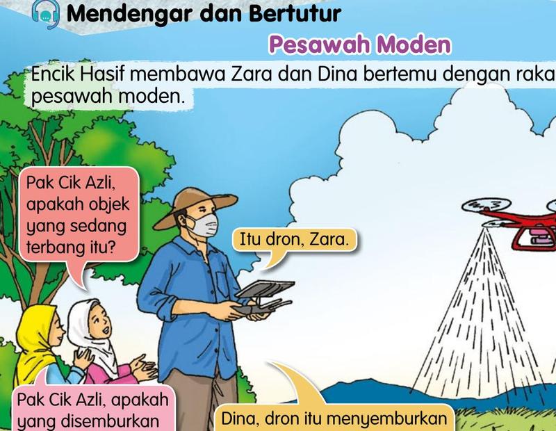 Encik Azli mengawal dron yang menyembur racun perosak di sawah padi, ditonton oleh Zara dan Dina
