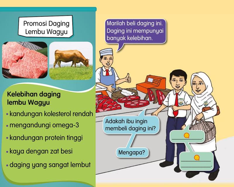 Papan promosi daging lembu Wagyu di kedai daging dengan senarai kelebihannya, dan dua murid sedang memilih daging